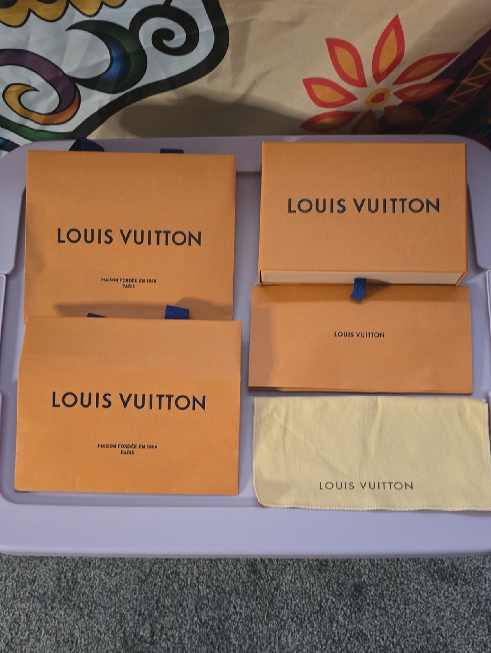 Louis Vuitton Orange Gift Boxes with Blue Pull Tabs and Yellow Dust Bag